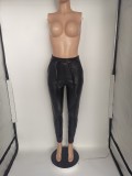 SC Plus Size Black PU Leather Belted Skinny Pants BLI-2512