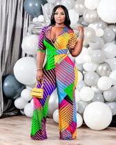 SC Colorful Printed V Neck Sashes Wide Leg Jumpsuit ANNF-6092