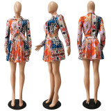 SC Sexy Printed Shirt Top+Pleated Mini Skirt 2 Piece Sets CM-2149