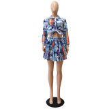 SC Sexy Printed Shirt Top+Pleated Mini Skirt 2 Piece Sets CM-2149