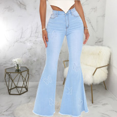 SC Plus Size Denim Butterfly Decorate Flared Jeans HSF-2576