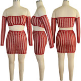 SC Sexy Mesh Striped Shiny Long Sleeve Mini Skirt 2 Piece Sets TE-4319
