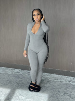 SC Solid Long Sleeve Zipper Slim Jumpsuit SHA-86261