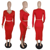 SC Solid V Neck Long Sleeve Top Split Skirt 2 Piece Sets YIY-5304