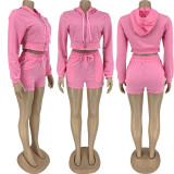 SC Solid Sports Hooded Zipper Long Sleeve 2 Piece Shorts Set FNN-8628