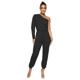 SC Casual Solid One Shoulder Long Sleeve 2 Piece Pants Set MDF-5255