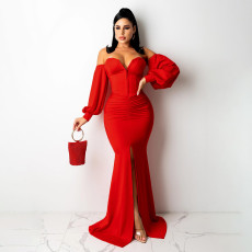 SC Sexy Solid Off Shoulder Split Maxi Evening Dress SFY-2131