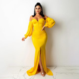 SC Sexy Solid Off Shoulder Split Maxi Evening Dress SFY-2131