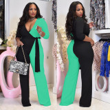 SC Plus Size Contrast Color Patchwork Sashes Jumpsuit WPF-80288