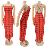 SC Sexy Plaid Backless Cross Strap Maxi Dress HNIF-HN019