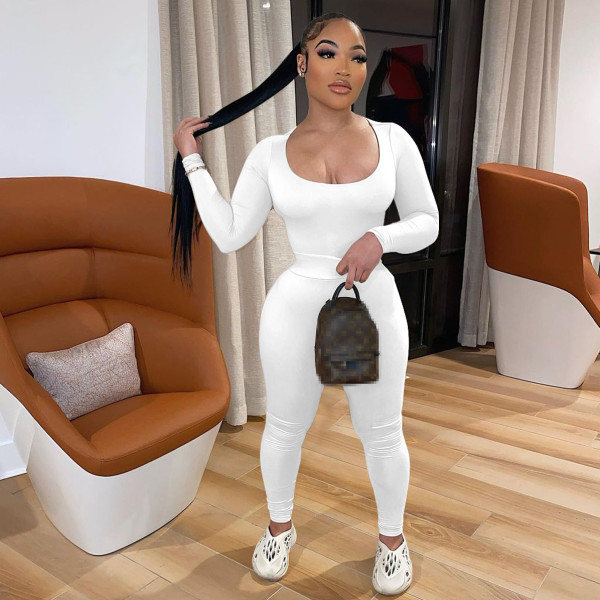 SC Solid U-Neck Long Sleeve Two Piece Pants Set IV-8240