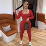 SC Solid U-Neck Long Sleeve Two Piece Pants Set IV-8240