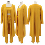 SC Plus Size Solid Cami Top+Long Cloak Coat+Pants 3 Piece Sets HNIF-HN043