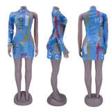SC Plus Size Sexy Printed One Shoulder Hollow Mini Dress HNIF-HN013