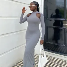 SC Solid Hollow Out Long Sleeve Slim Maxi Dress YMEF-5034