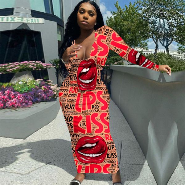 SC Lip Letter Print Long Sleeve Maxi Dress GHF-063