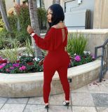 SC Solid V Neck Long Sleeve Backless Jumpsuit SMF-8111