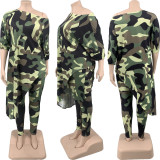 SC Plus Size Camo Print 3/4 Sleeve Irregular Top And Pants 2 Piece Suits QSF-51035