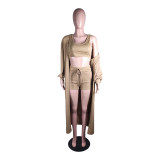SC Solid Full Sleeve Long Cloak+Tank Top+Shorts 3 Piece Sets YM-9303