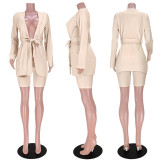 SC Solid Sashes Blazer Coat +Shorts Two Piece Suits ASL-6505