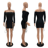 SC Sexy Slash Neck Long Sleeve Lace-Up Mini Dress PHF-1205