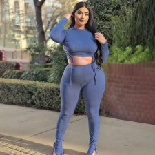 SC Plus Size Solid Drawstring Long Sleeve 2 Piece Pants Set ONY-5104