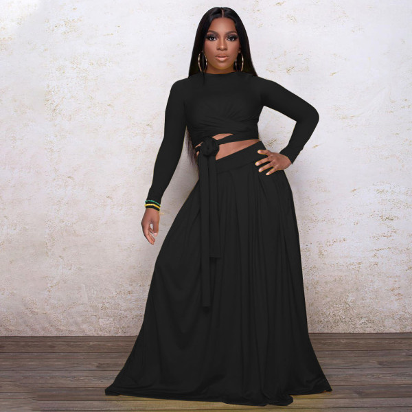 SC Solid Long Sleeve Maxi Skirt Two Piece Sets PHF-13251