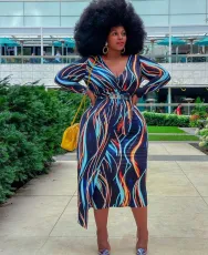 SC Plus Size Printed V Neck Long Sleeve Midi Dress PHF-13242