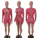 SC Sexy Printed Deep V Neck Long Sleeve Sashes Romper LM-8275