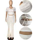 SC Solid Short Sleeve Ruched Top And Flare Pants 2 Piece Sets LM-8277