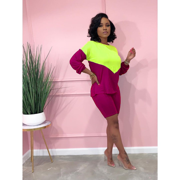 SC Plus Size Contrast Color Patchwork Long Sleeve 2 Piece Shorts Set LM-8276