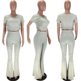 SC Solid Short Sleeve Ruched Top And Flare Pants 2 Piece Sets LM-8277