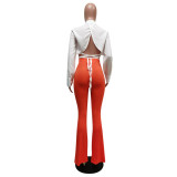 SC Solid Backless Blouse Top +Flare Pants 2 Piece Sets MEM-88389
