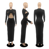 SC Sexy Solid Long Sleeve Hollow Slim Maxi Dress DDF-88122