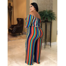 SC Plus Size Colorful Striped Slash Neck Jumpsuit ASL-7053