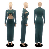 SC Sexy Solid Long Sleeve Hollow Slim Maxi Dress DDF-88122