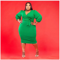 SC Plus Size Solid V Neck Long Sleeve Sashes Midi Dress WAF-77249