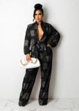 SC Casual Printed Long Sleeve Buttons Sashes Jumpsuit SHD-9802