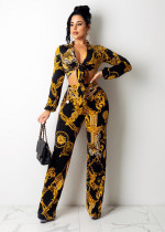 SC Sexy Printed Tie-Up Long Sleeve Top And Pants 2 Piece Suits (Without Chain)QZX-6229