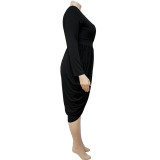 SC Plus Size Solid V Neck Folds Long Sleeve Midi Dress NNWF-7300