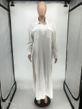 SC White Long Sleeve Turndown Collar High Split Maxi Dress RUF-8942