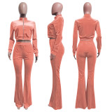 SC Solid Velvet Zipper Long Sleeve Top Flare Pants 2 Piece Suits NIK-263