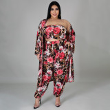 SC Plus Size Floral Print Tube Top+Long Cloak+Pants 3 Piece Sets NNWF-7303
