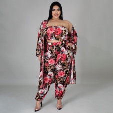 SC Plus Size Floral Print Tube Top+Long Cloak+Pants 3 Piece Sets NNWF-7303