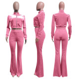 SC Solid Velvet Zipper Long Sleeve Top Flare Pants 2 Piece Suits NIK-263