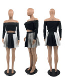 SC Sexy Slash Neck Long Sleeve Pleated Mini Skirt 2 Piece Sets (Without Chain)JRF-3651