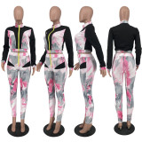 SC Casual Printed Zipper Long Sleeve 2 Piece Pants Set ZNF-9107