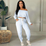 SC Sexy Solid Drawstring Long Sleeve 2 Piece Pants Set HM-6528