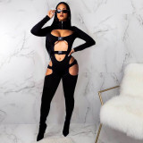 SC Sexy Solid Buckle Hollow Out Long Sleeve Jumpsuit MDF-5258