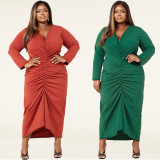SC Plus Size Solid Long Sleeve V Neck Ruched Maxi Dress YMEF-5037